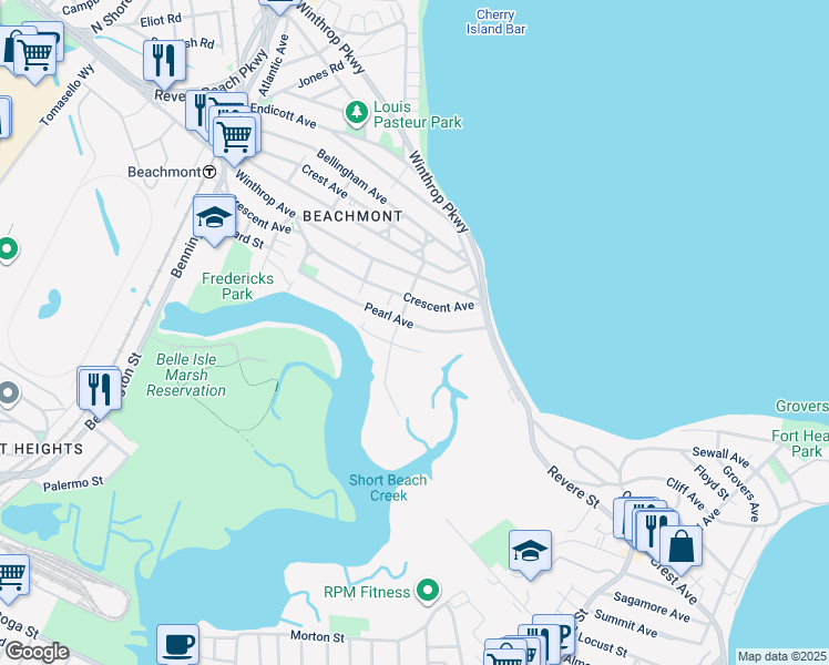 map of restaurants, bars, coffee shops, grocery stores, and more near 81 Pearl Avenue in Revere