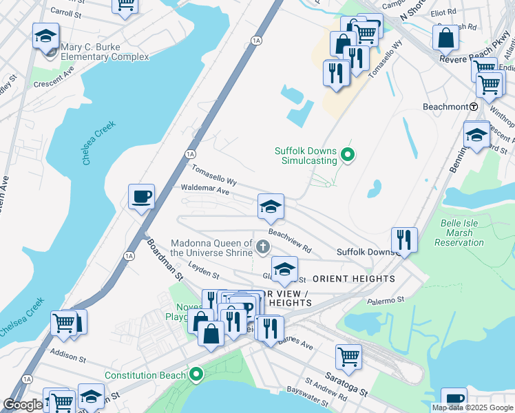 map of restaurants, bars, coffee shops, grocery stores, and more near 150 Waldemar Avenue in Boston