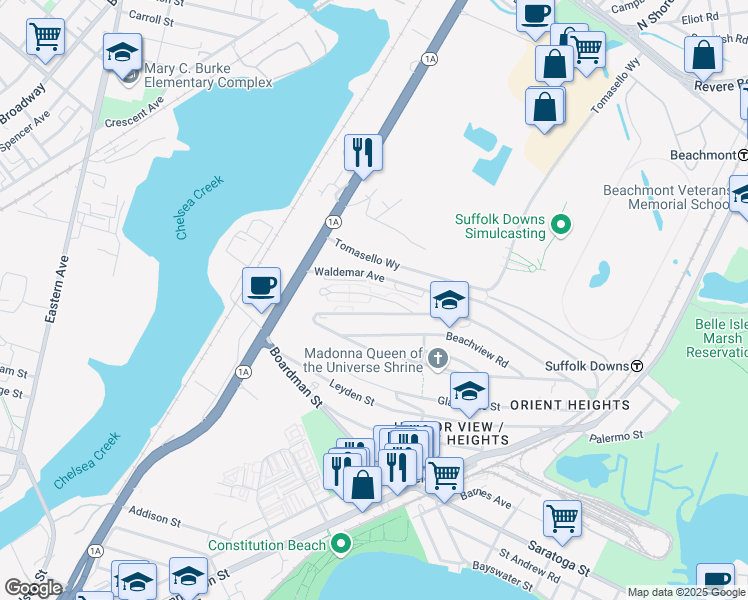 map of restaurants, bars, coffee shops, grocery stores, and more near 212 Waldemar Avenue in Boston