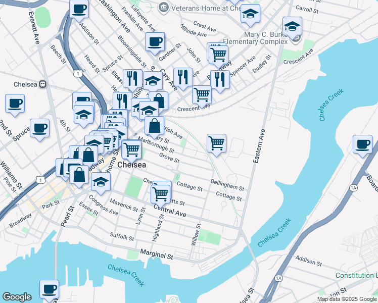 map of restaurants, bars, coffee shops, grocery stores, and more near 181 Highland Street in Chelsea