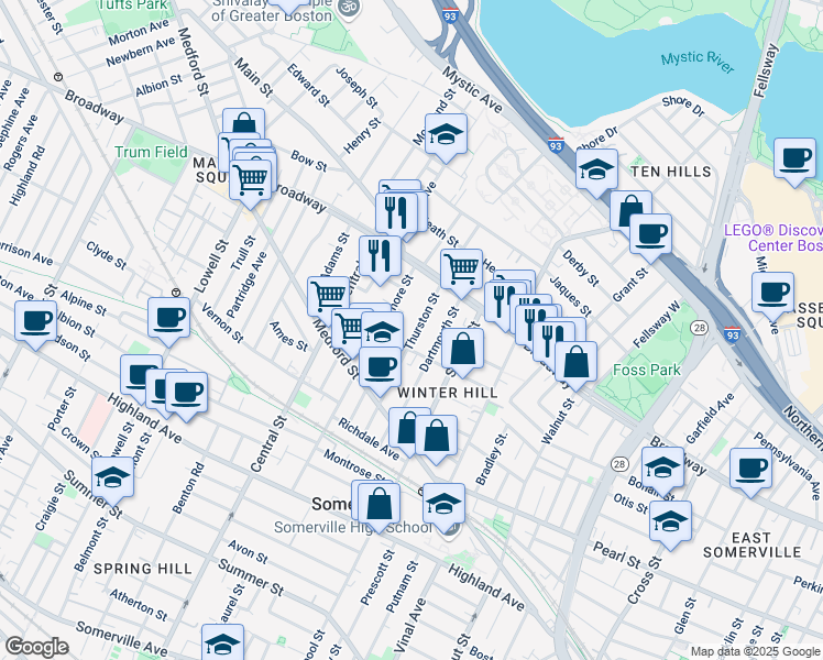 map of restaurants, bars, coffee shops, grocery stores, and more near 92 Thurston Street in Somerville