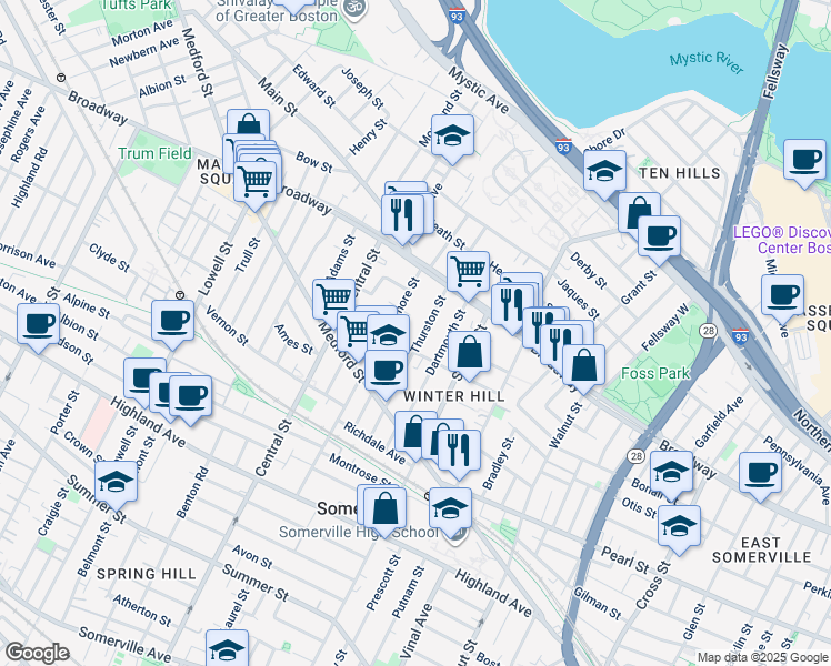 map of restaurants, bars, coffee shops, grocery stores, and more near 92 Thurston Street in Somerville