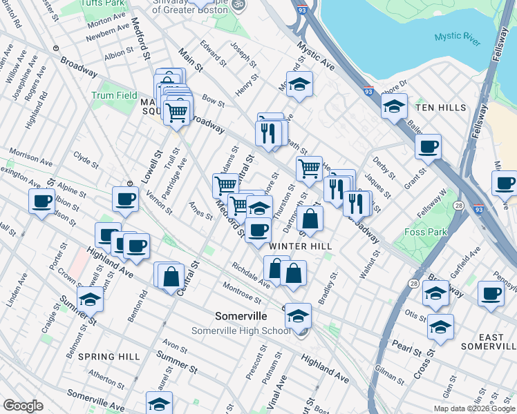 map of restaurants, bars, coffee shops, grocery stores, and more near 138 Sycamore Street in Somerville