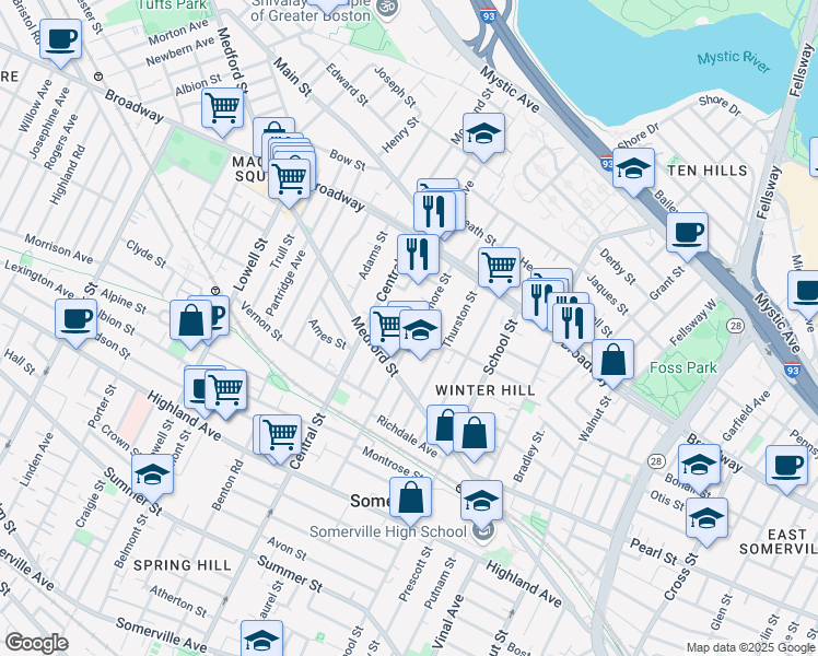 map of restaurants, bars, coffee shops, grocery stores, and more near 138 Sycamore Street in Somerville
