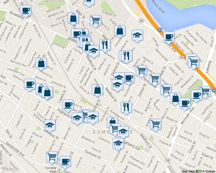 map of restaurants, bars, coffee shops, grocery stores, and more near 155 Central Street in Somerville