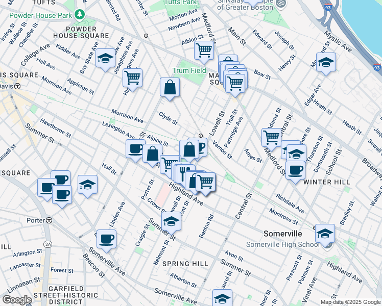 map of restaurants, bars, coffee shops, grocery stores, and more near 24 Princeton Street in Somerville