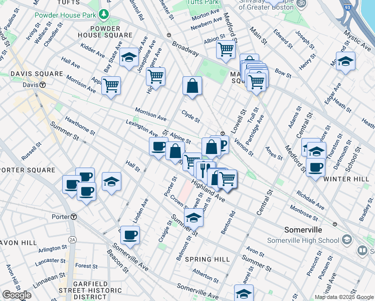 map of restaurants, bars, coffee shops, grocery stores, and more near 49 Alpine Street in Somerville
