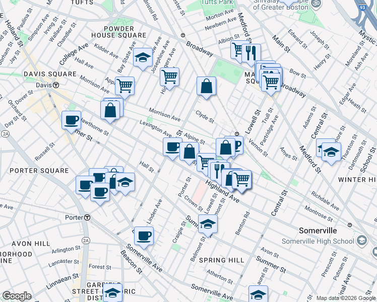 map of restaurants, bars, coffee shops, grocery stores, and more near 161 Albion Street in Somerville