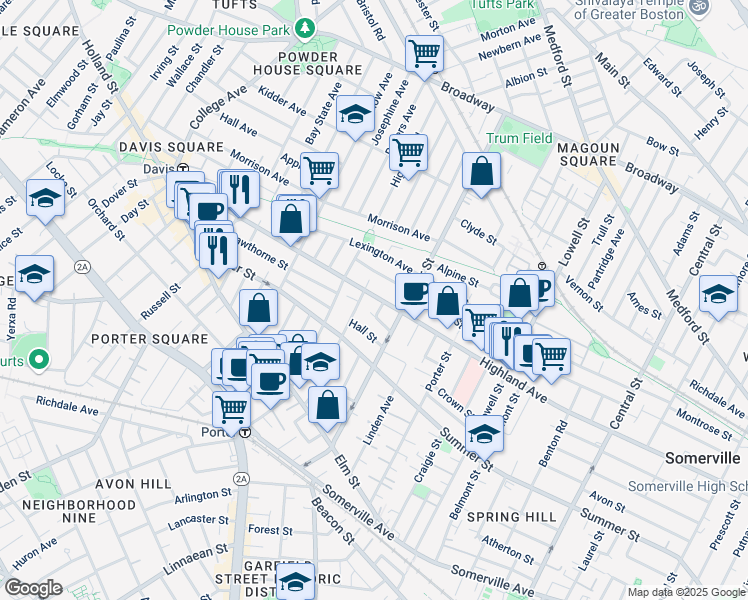 map of restaurants, bars, coffee shops, grocery stores, and more near 307 Highland Avenue in Somerville