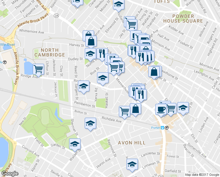 map of restaurants, bars, coffee shops, grocery stores, and more near 22 Haskell Street in Cambridge