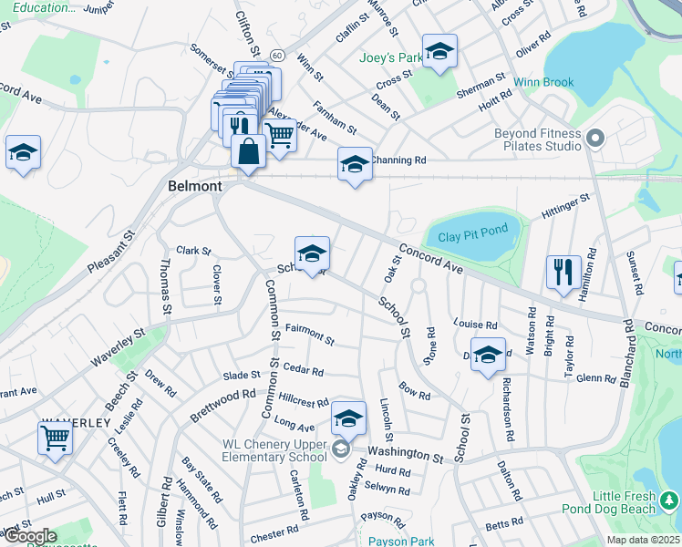 map of restaurants, bars, coffee shops, grocery stores, and more near 35 Myrtle Street in Belmont