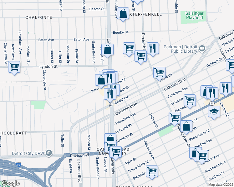 map of restaurants, bars, coffee shops, grocery stores, and more near 4136 Kendall Street in Detroit