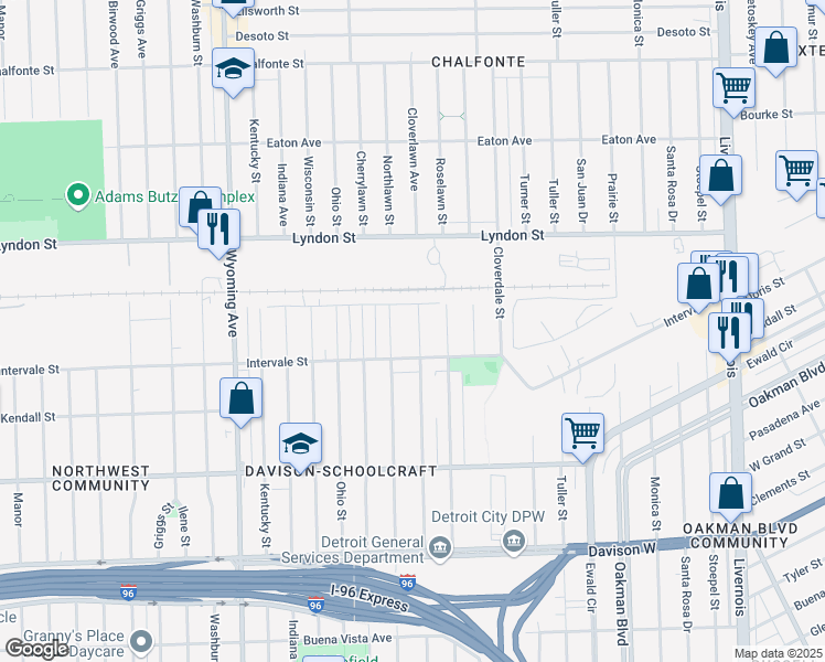 map of restaurants, bars, coffee shops, grocery stores, and more near 14281 Cloverlawn Avenue in Detroit