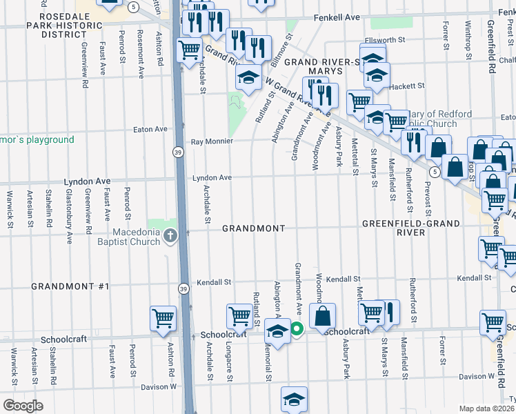 map of restaurants, bars, coffee shops, grocery stores, and more near 14389 Abington Avenue in Detroit