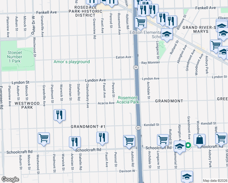 map of restaurants, bars, coffee shops, grocery stores, and more near 14411 Penrod Street in Detroit