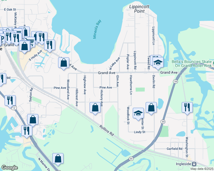 map of restaurants, bars, coffee shops, grocery stores, and more near 13 Hickory Avenue in Fox Lake
