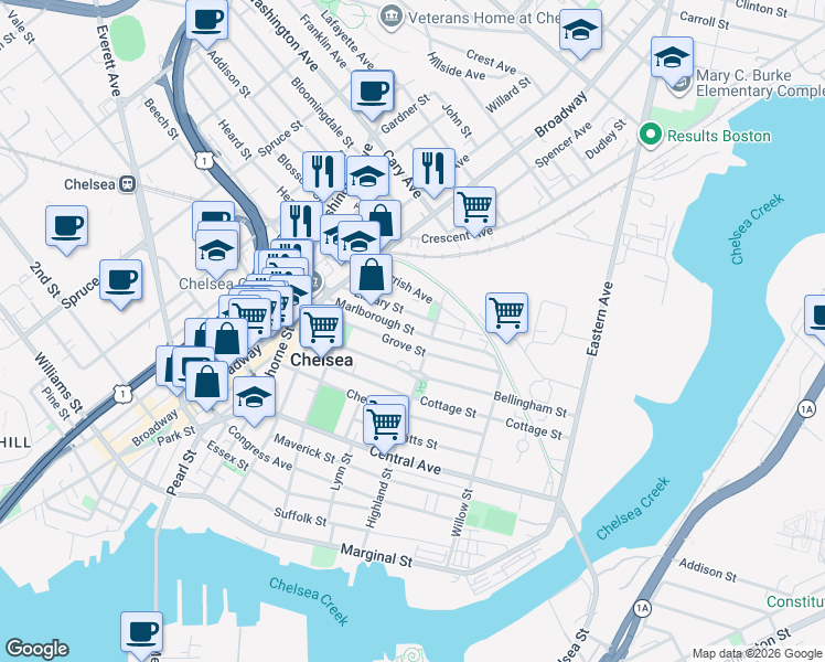 map of restaurants, bars, coffee shops, grocery stores, and more near Marlborough Street in Chelsea