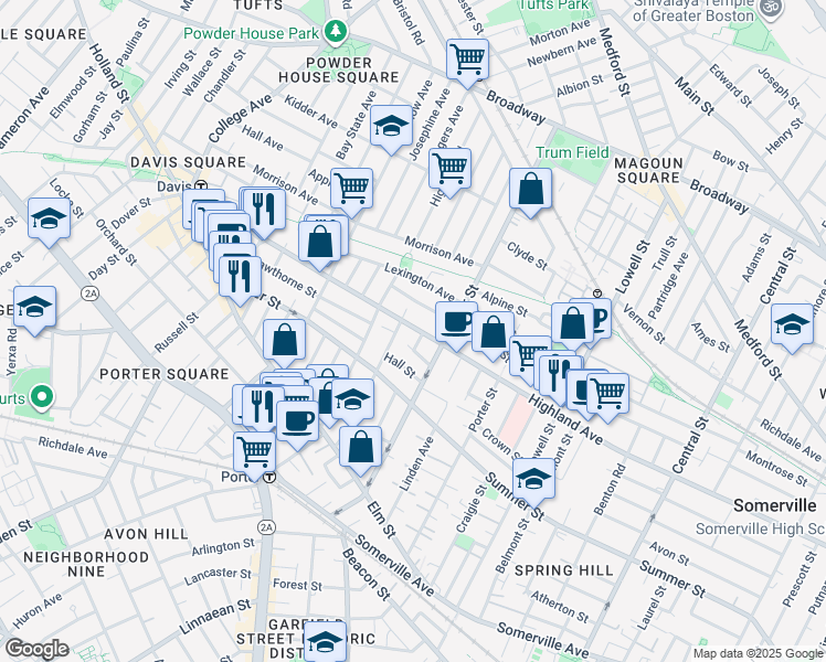 map of restaurants, bars, coffee shops, grocery stores, and more near 307 Highland Avenue in Somerville