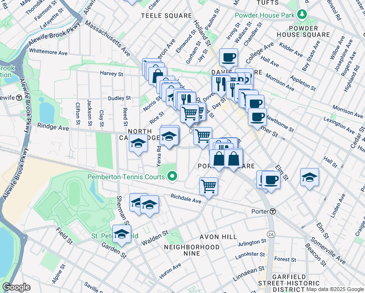map of restaurants, bars, coffee shops, grocery stores, and more near 22 Haskell Street in Cambridge