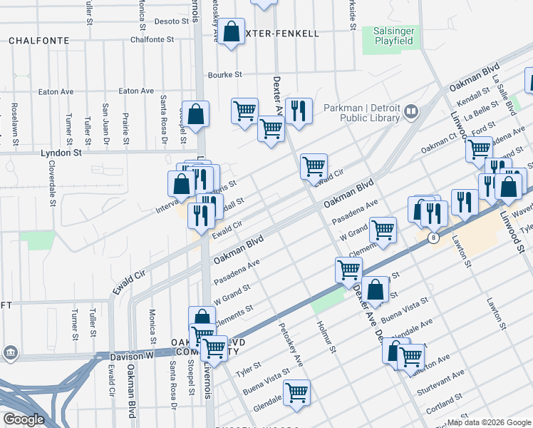 map of restaurants, bars, coffee shops, grocery stores, and more near 2341 Ewald Circle in Detroit