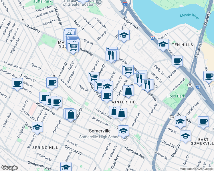 map of restaurants, bars, coffee shops, grocery stores, and more near 138 Sycamore Street in Somerville