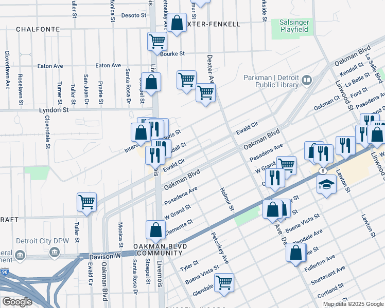 map of restaurants, bars, coffee shops, grocery stores, and more near 2378 Ewald Circle in Detroit