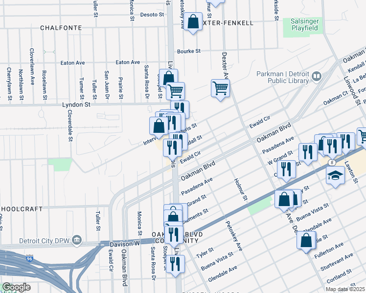 map of restaurants, bars, coffee shops, grocery stores, and more near 4136 Kendall Street in Detroit