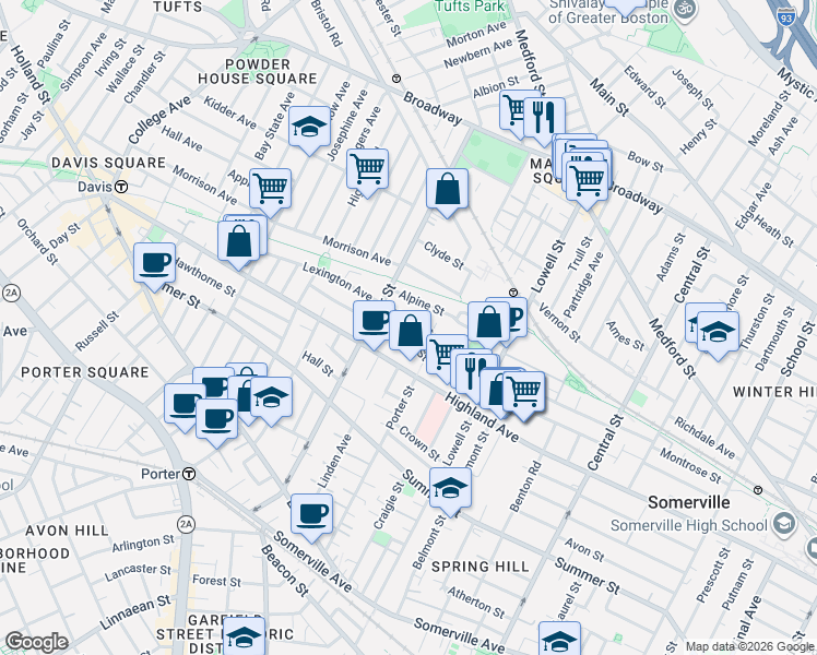 map of restaurants, bars, coffee shops, grocery stores, and more near 161 Albion Street in Somerville