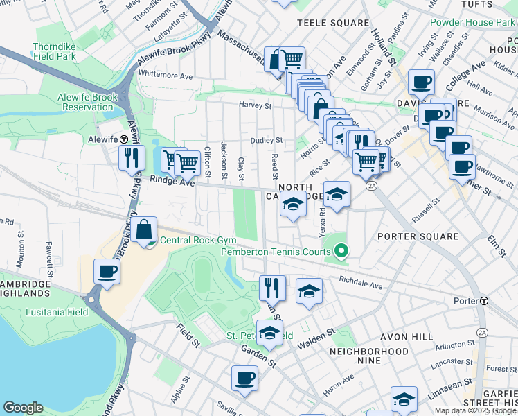 map of restaurants, bars, coffee shops, grocery stores, and more near 195 Sherman Street in Cambridge