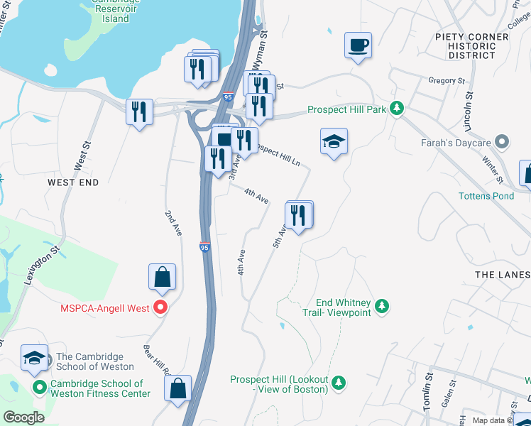 map of restaurants, bars, coffee shops, grocery stores, and more near 77 4th Avenue in Waltham