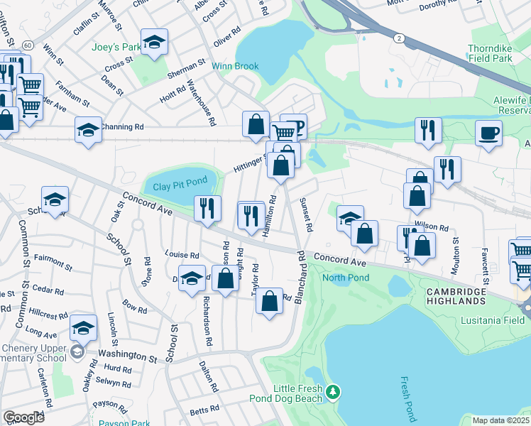 map of restaurants, bars, coffee shops, grocery stores, and more near 47 Baker Street in Belmont