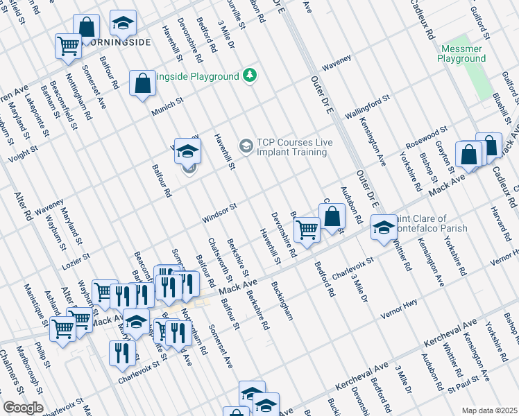 map of restaurants, bars, coffee shops, grocery stores, and more near 3701 Devonshire Road in Detroit