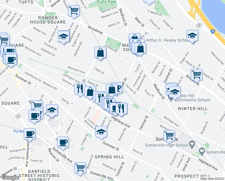 map of restaurants, bars, coffee shops, grocery stores, and more near 35 Princeton Street in Somerville