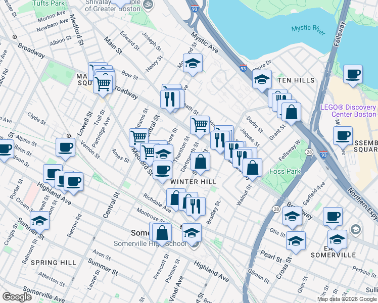 map of restaurants, bars, coffee shops, grocery stores, and more near 50 Dartmouth Street in Somerville