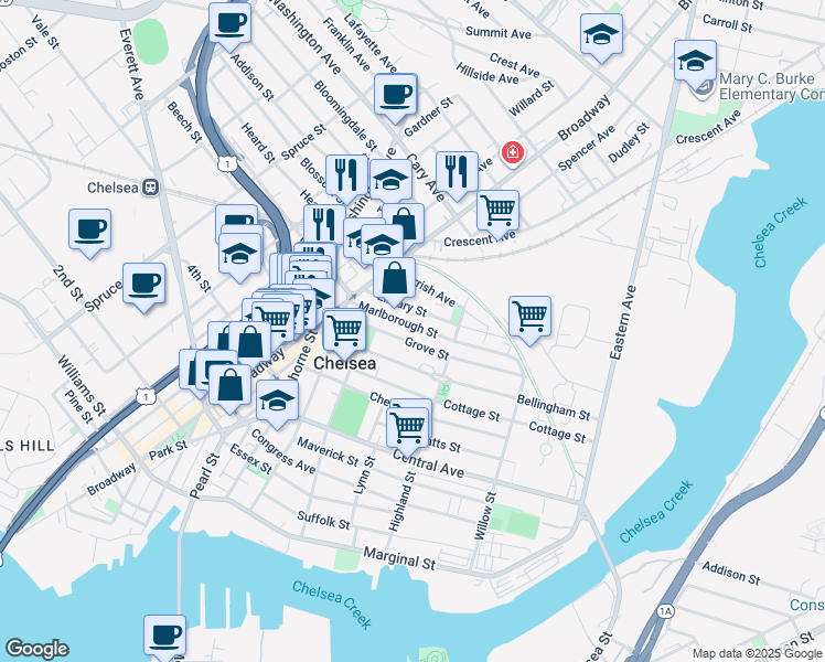 map of restaurants, bars, coffee shops, grocery stores, and more near 77 Library Street in Chelsea
