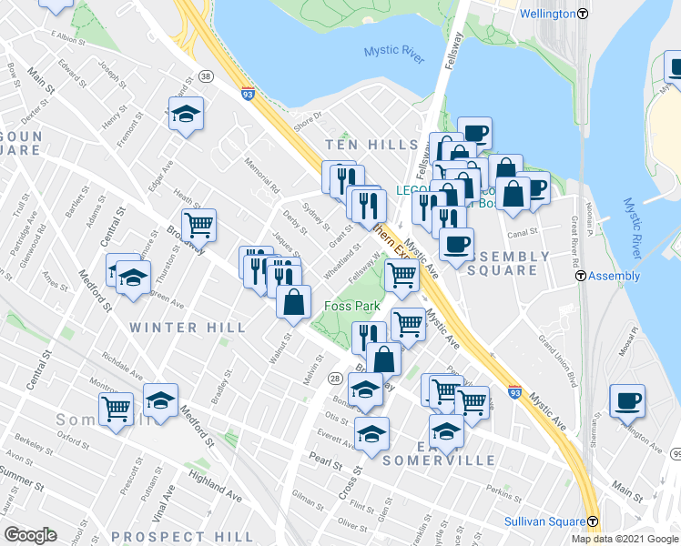 map of restaurants, bars, coffee shops, grocery stores, and more near in Middlesex County