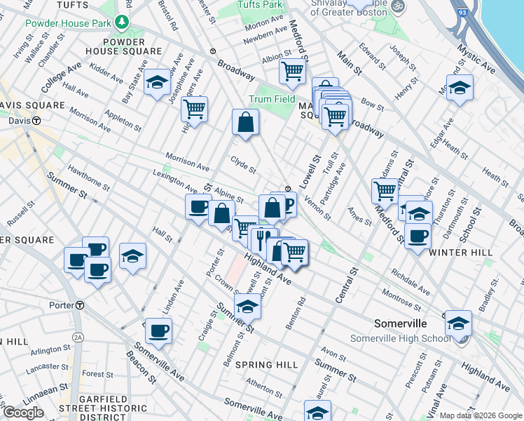 map of restaurants, bars, coffee shops, grocery stores, and more near 24 Princeton Street in Somerville