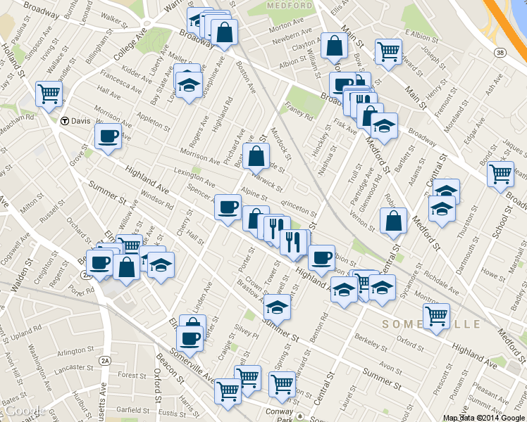 map of restaurants, bars, coffee shops, grocery stores, and more near 51 Alpine Street in Somerville