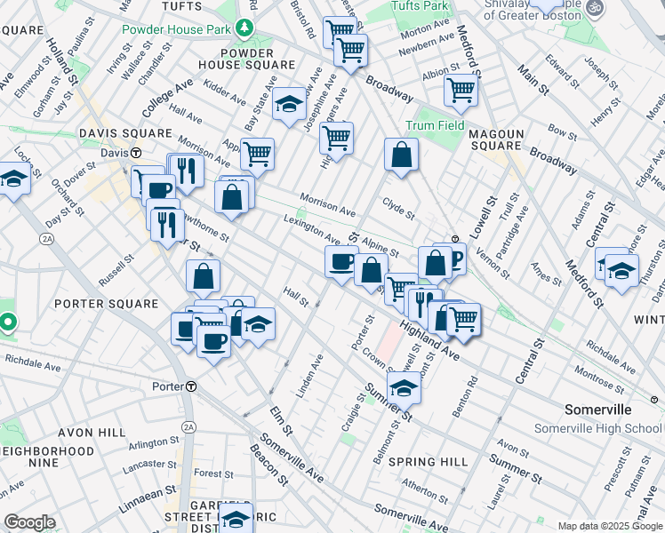 map of restaurants, bars, coffee shops, grocery stores, and more near 124 Cedar Street in Somerville