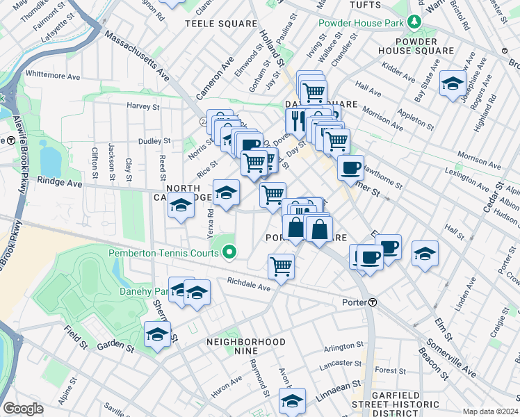 map of restaurants, bars, coffee shops, grocery stores, and more near 2192 Massachusetts Avenue in Cambridge