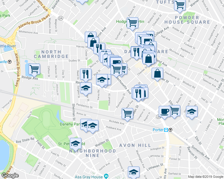 map of restaurants, bars, coffee shops, grocery stores, and more near 22 Haskell Street in Cambridge