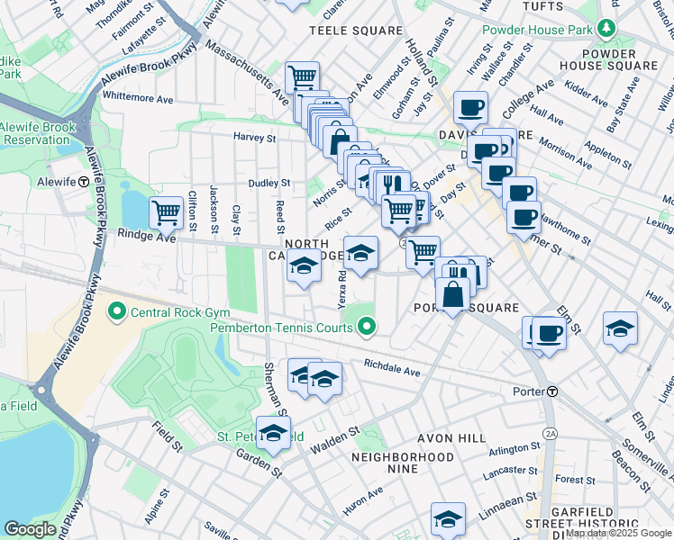 map of restaurants, bars, coffee shops, grocery stores, and more near 142 Rindge Avenue in Cambridge