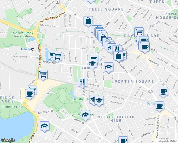 map of restaurants, bars, coffee shops, grocery stores, and more near in Cambridge