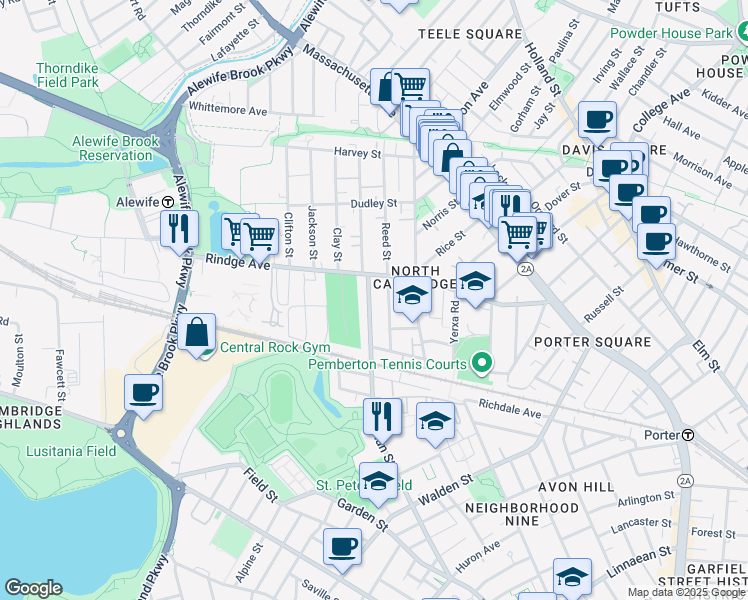 map of restaurants, bars, coffee shops, grocery stores, and more near 195 Sherman Street in Cambridge