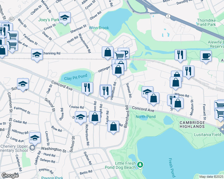 map of restaurants, bars, coffee shops, grocery stores, and more near 47 Baker Street in Belmont