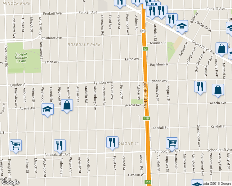 map of restaurants, bars, coffee shops, grocery stores, and more near 14411 Penrod Street in Detroit