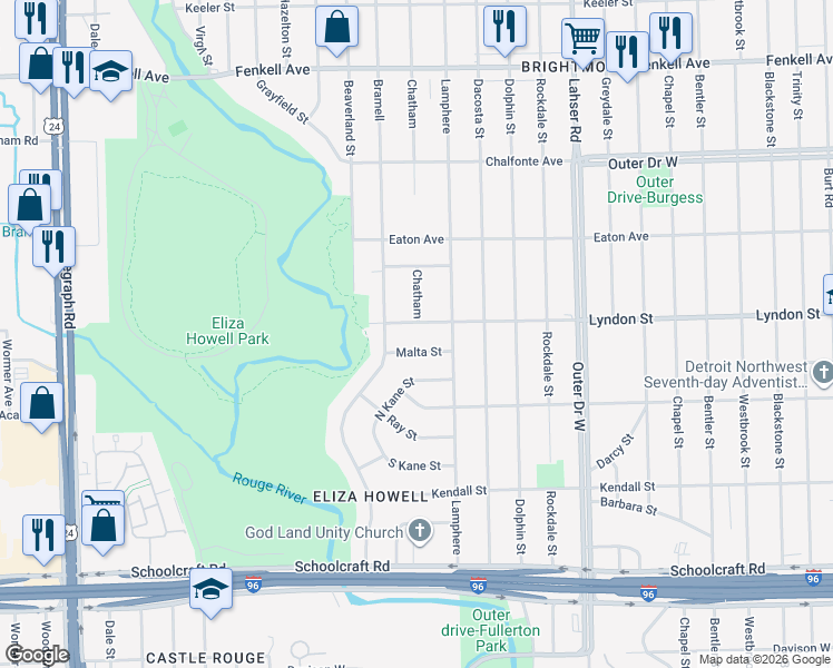 map of restaurants, bars, coffee shops, grocery stores, and more near 22520 Lyndon Street in Detroit