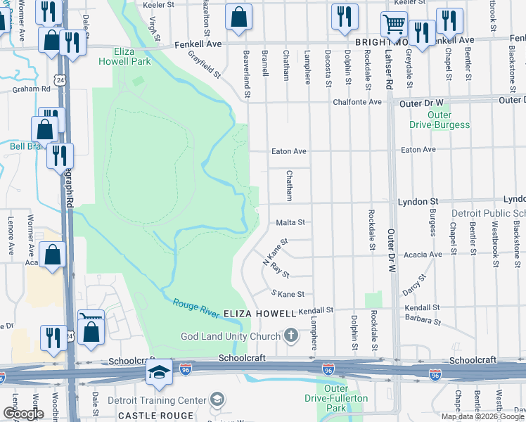 map of restaurants, bars, coffee shops, grocery stores, and more near 22622 Lyndon Street in Detroit