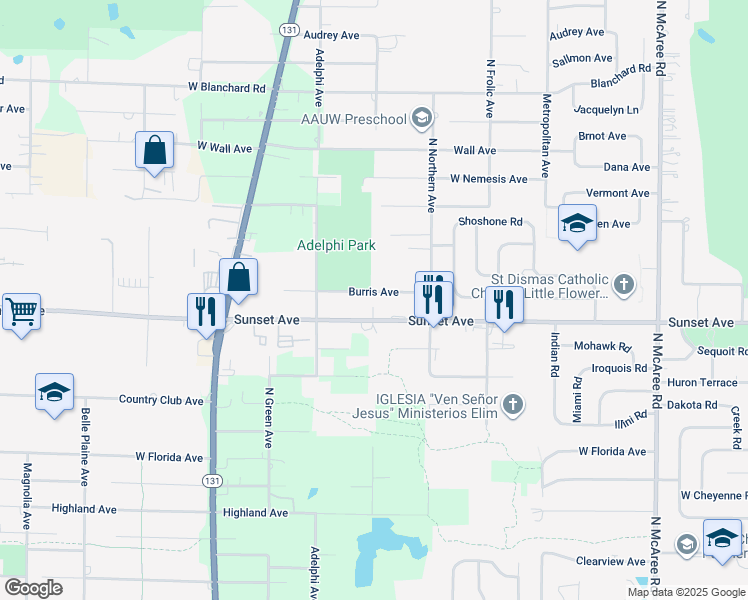 map of restaurants, bars, coffee shops, grocery stores, and more near 3047 Burris Avenue in Waukegan