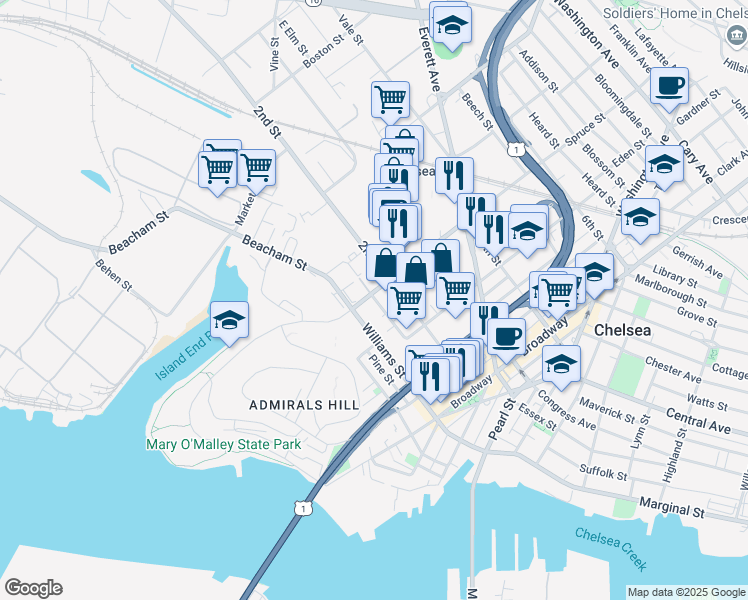 map of restaurants, bars, coffee shops, grocery stores, and more near 201 Auburn Street in Chelsea